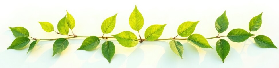 Sprigs of isolated leaves on a plain white background with warm sunlight, leaves, warm, background