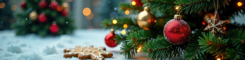 Obraz premium Spruce ornaments on a Christmas tree with gingerbread cookies underneath, decorations, ornaments, winter