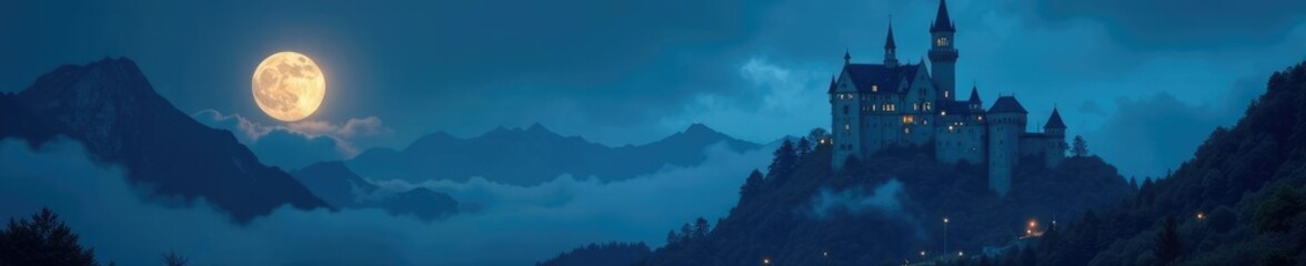 Fototapeta premium Turrets pierce moonlit sky amidst gloomy peaks, turrets, landscape, shadows