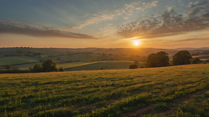 Sunrise illuminating rolling fields and hills in a picturesque landscape