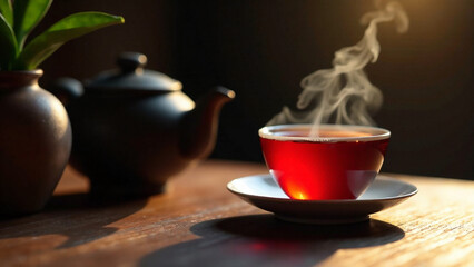 A high-quality AI photo of a tea ceremony, focusing on the process of freshly brewed red tea.  A warm, soft light illuminates a dark background, showcasing a delicate red tea cup.  Emphasize depth and