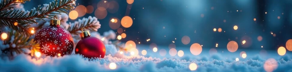 Twinkling lights and ornaments in a magical winter scene with swirling snowflakes and frosted glass icicles, twinkling, frosty glass icicles, sparkling