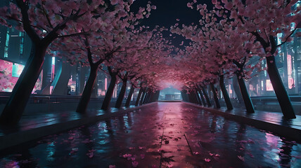 Futuristic cherry blossom tunnel illuminated by neon lights and glowing petals