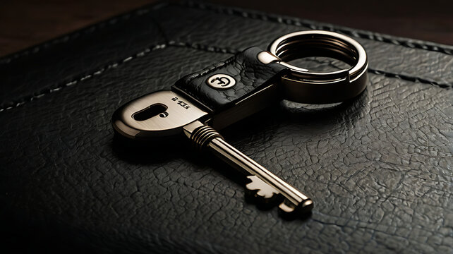 Elegant house key with leather key fob resting on a textured black surface