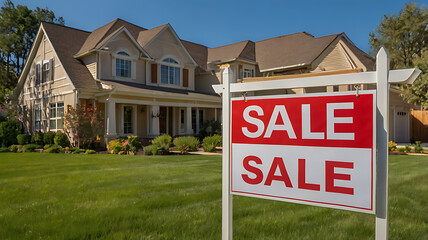 Charming home with a bold "SALE" sign in the front yard and beautifully landscaped surroundings