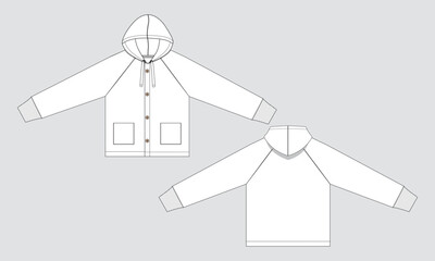 Long sleeve hoodie and pocket technical Drawing fashion flat sketch vector illustration template  for kids © VectorVive