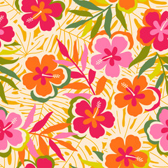 Colorful hibiscus flower with tropical leaf seamless pattern design for summer holidays background.