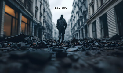 Soldier Walking Through Desolate Urban Environment After Conflict