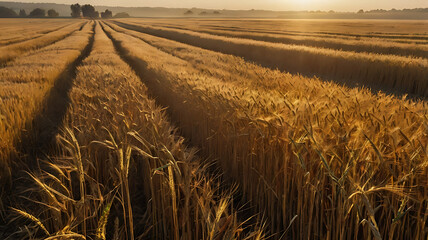 Golden sunrise over a wheat field with rows of crops and warm light