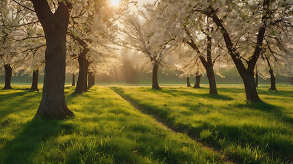 Blossoming trees at sunrise with sunlight filtering through and illuminating a grassy field