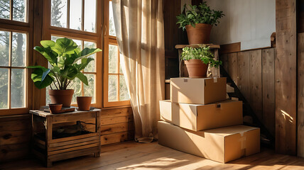 Warm and inviting room featuring stacked moving boxes and potted plants by large windows