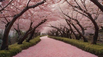 A beautiful cherry blossom tunnel with a pink petal-covered path and lush greenery.