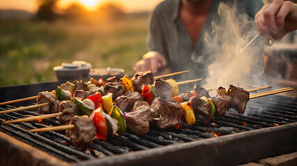 Outdoor grilling of lamb skewers with vegetables at sunset in a peaceful landscape