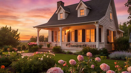 Charming cottage with "For Sale" sign surrounded by blooming flowers at sunset