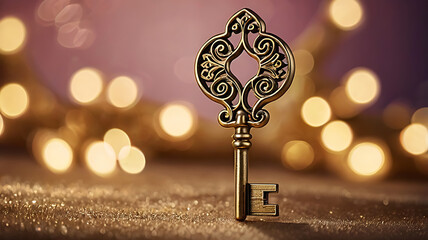 Intricate vintage house key with elegant design against a bokeh background of warm lights
