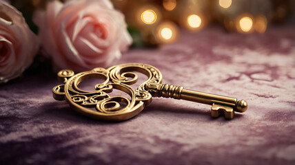 Elegant golden house key positioned next to soft pink roses on a plush purple fabric