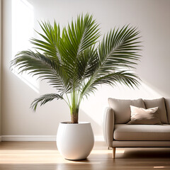 Parlor palm, chamaedorea elegans; origin: Mexico and Guatemala; a lush parlor palm in a minimalist white pot, with its delicate, feathery fronds creating a sense of elegance