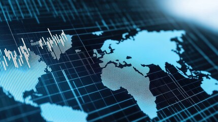 A digital map visualization showing global data trends and analytics with blue tones and grid lines.