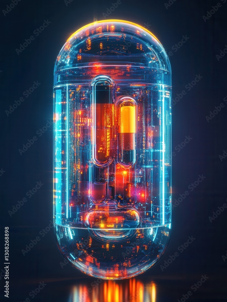 Poster futuristic transparent pill bottle with glowing capsules showcases cyberpunk design and high tech ae