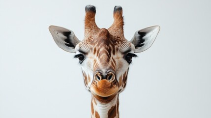 Close-up of a giraffe’s elegant neck and spotted face, gracefully tilting left. Its textured fur features an artful blend of browns and whites, captivating attention with every detail. 