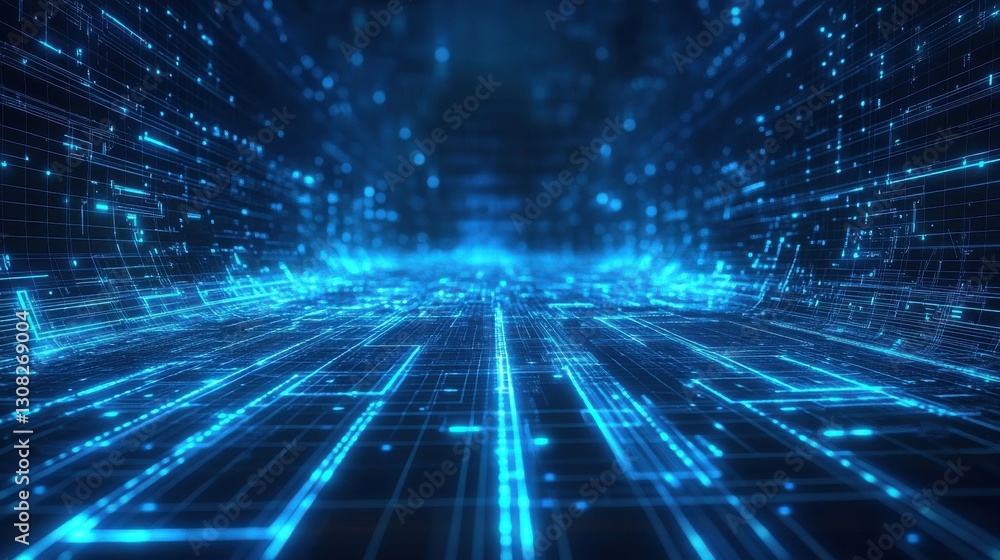 Poster a futuristic digital landscape filled with glowing blue lines and particles, suggesting a virtual re