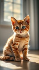 Curious orange tabby kitten in cozy indoor sunlight
Concept of innocence, warmth, comfort
