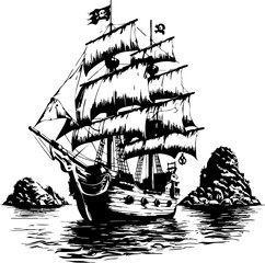 Historic pirate ship sailing through rocky waters maritime scene black and white artwork nautical dramatic viewpoint