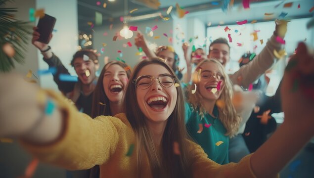 Happy employees celebrating in office with confetti... Cheerful coworkers having fun at office event