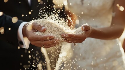 Fototapeta premium 67.Happy wedding photography of bride and groom at wedding ceremony. Wedding tradition sprinkled with rice and grain