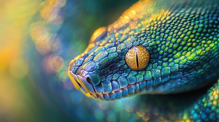 Fototapeta premium A vibrant green and blue serpent captivates with its piercing eye, dominating the scene as scales shimmer around its head and upper body. The vivid hues draw focus to its intense gaze