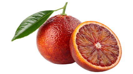 Single fresh whole blood red orange with an attached green stem and leaf, alongside a halved slice of the same fruit isolated on white background. Suitable for marketing or business purposes. PNG file