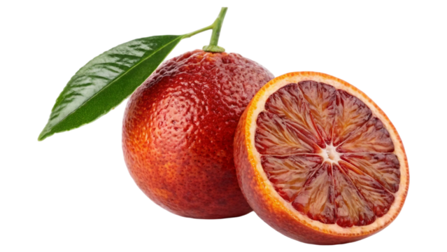 Single fresh whole blood red orange with an attached green stem and leaf, alongside a halved slice of the same fruit isolated on white background. Suitable for marketing or business purposes. PNG file