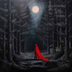 A person in a red cloak, walking in a dark eerie forest. 