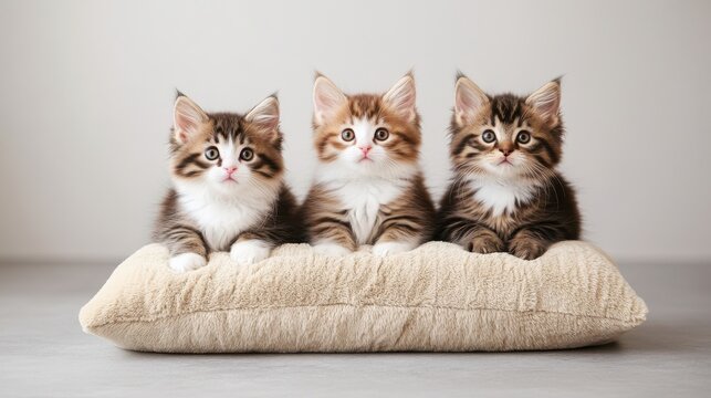 Three adorable kittens sit side by side on a soft pillow, showcasing their playful and curious nature. - Powered by Adobe