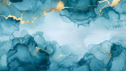 19.Pastel cyan mint liquid marble watercolor background with gold lines and brush stains. Teal turquoise marbled alcohol ink drawing effect. Vector illustration backdrop, watercolor wedding invitation