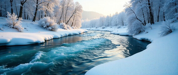 A breathtakingly beautiful river scene in winter, with flowing ice, snow-covered banks, and dramatic lighting.  Focus on depth of field, a serene and peaceful mood, cool tones, and a soft, diffused li
