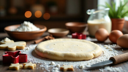 A high-resolution, photorealistic image of Christmas baking dough, various cookie cutters, flour, sugar, eggs, spices, and other baking ingredients arranged attractively on a wooden table.  Warm, invi
