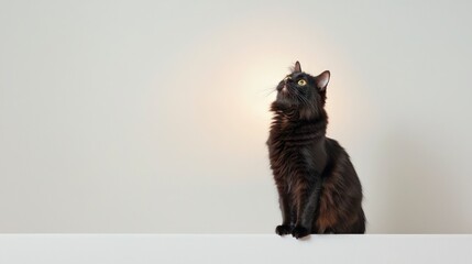 Curious Black Cat Looking Up  Studio Shot  Pet Portrait  Fluffy Fur