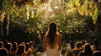 59.A dramatic capture of a bride walking toward her partner, framed by a backdrop of lush greenery and hanging floral decorations, with the seated audience in soft focus.