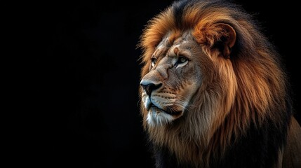 Naklejka premium A majestic lion’s face captures attention in a dramatic dark backdrop. Its intricate mane glows against rich brown and black fur, highlighting piercing eyes with a contemplative gaze