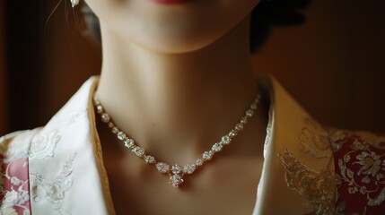 29.A horizontal angle showcasing the brideâ€™s neck and collarbone, adorned with a sparkling diamond necklace, her silk kimono collar framing the scene beautifully.