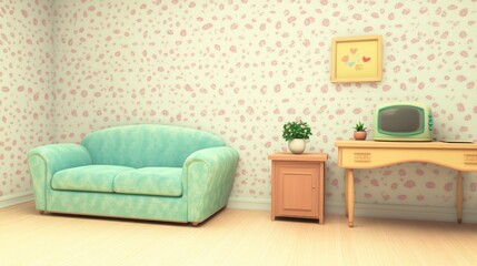 Pastel corner room with sofa and vintage TV
