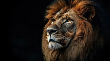Fototapeta premium Captivating gaze of a majestic lion, with a soft brown mane framing its intense, dark-brown eyes against a shadowy backdrop