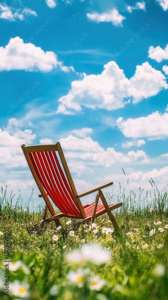 Aufkleber bright red deck chair placed in a colorful flower filled meadow under a clear blue sky with fluffy c