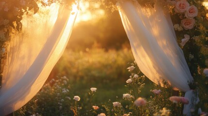 38.A soft-focus image of a romantic outdoor wedding setting, featuring a beautifully decorated arch with flowing white fabric and pastel flowers under a glowing sunset.
