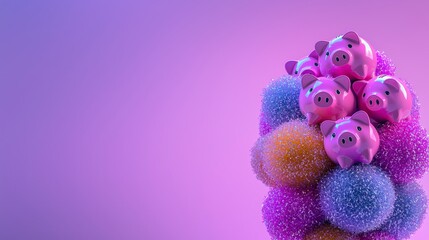 Fototapeta premium Pink Piggy Banks on Colorful Pom Poms Savings Finance Wealth Growth