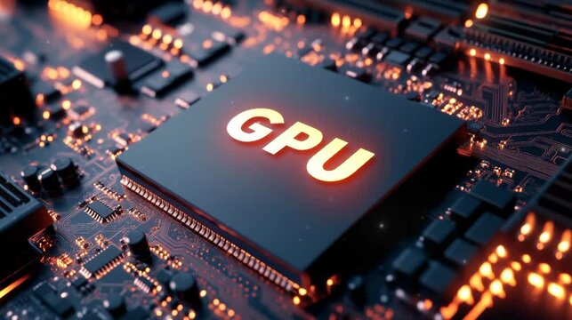 Graphics Processing Unit (GPU) chip with intricate circuitry on a green motherboard, showcasing technology used for gaming and computing.