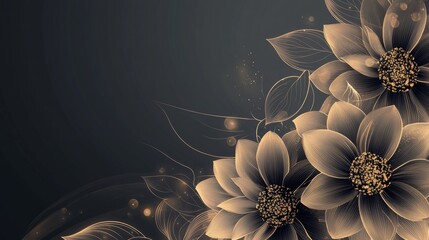 32.A luxurious floral background featuring intricately drawn dahlia flowers in shimmering gold line art, set against a deep charcoal backdrop with soft glowing accents.