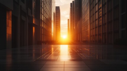 Breathtaking sunset illuminating empty city buildings with light filling the streets and a blank space for text Generative AI