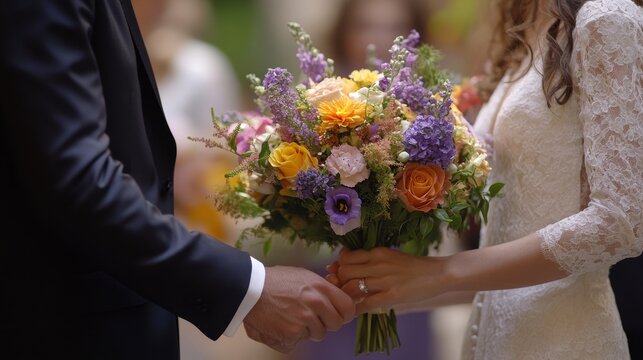 12.A natural setting with a bride and groom holding hands tightly, her bouquet spilling over with fresh flowers, reflecting a mix of nerves and joy during a civil wedding.